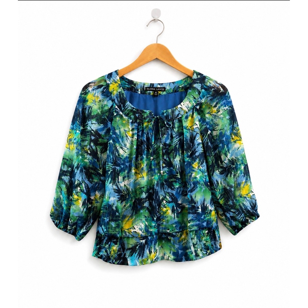 Gloria Lance Petite Small Blue Green Abstract Sheer 3/4 Sleeve‎ Blouse
